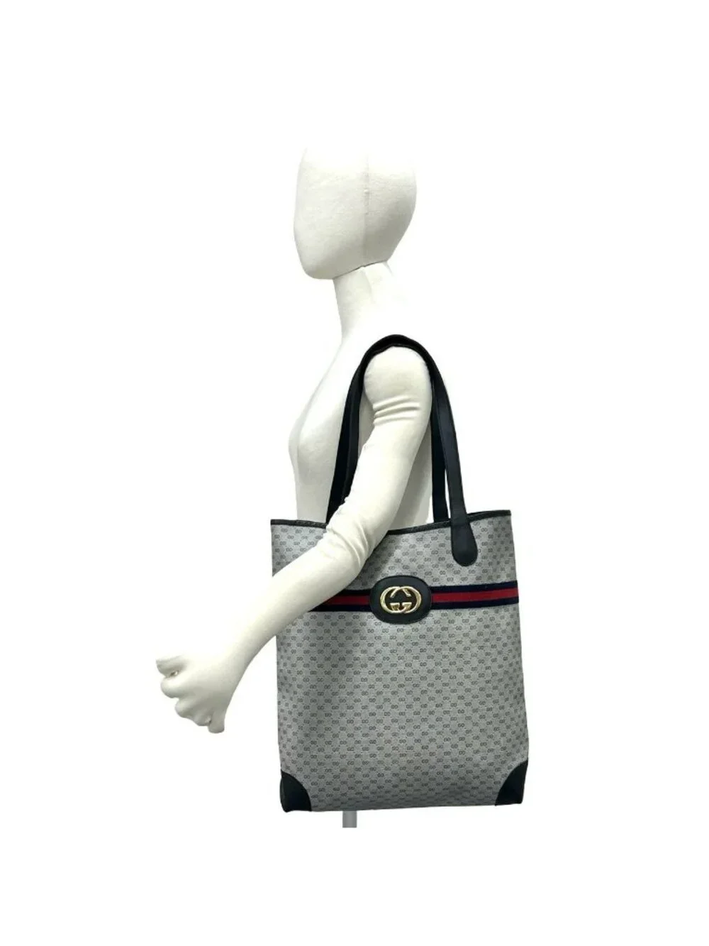 Gucci Vintage Sherry Line Micro GG Logo Pattern Leather Tote Shoulder Bag Navy